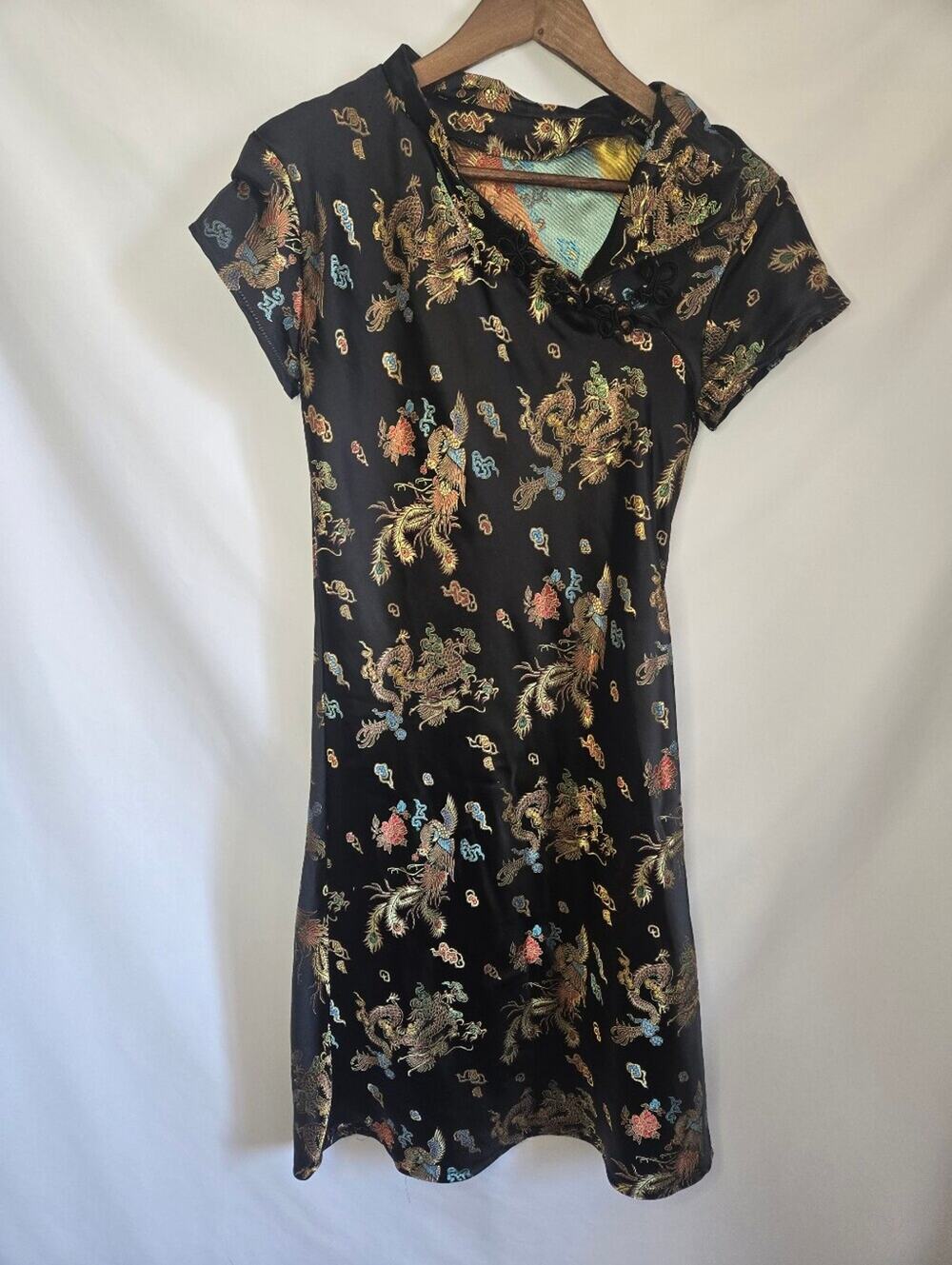 Black Dragon Phoenix Qipao Mini Dress • Mandarin Collar • Y2K XS/S